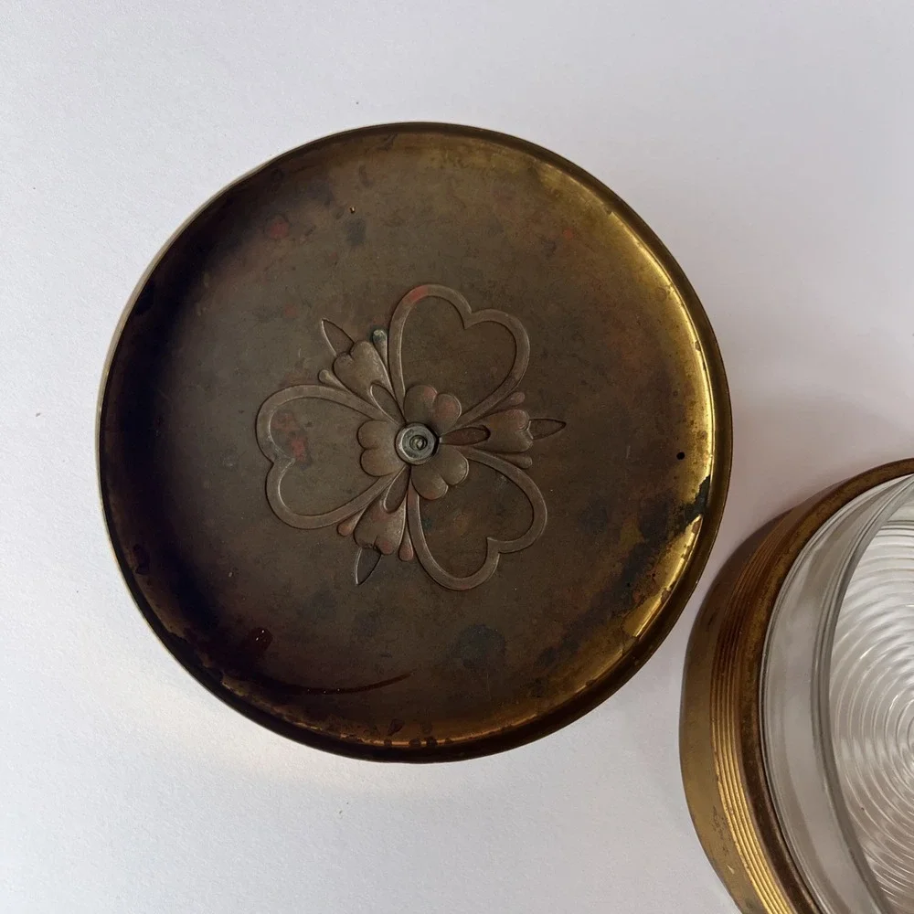 VTG Brass Powder Jar Heart Enamel Lid Glass Insert Vanity Trinket Box Glass Knob
